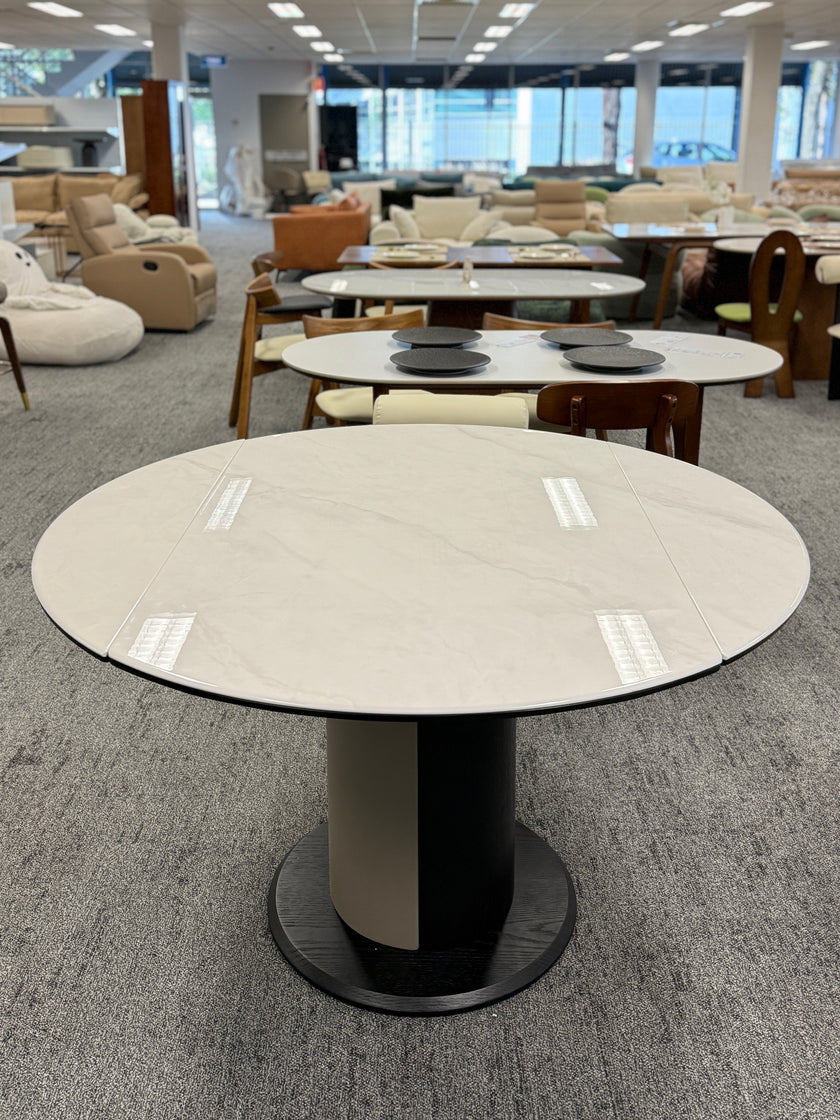 Black & White Crystalline Extendable Dining Table with Solid Wood Base