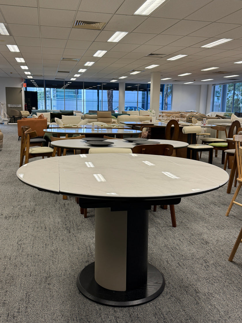 Black & White Crystalline Extendable Dining Table with Solid Wood Base