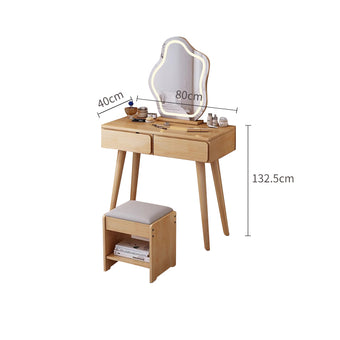 Natural Wood Color Solid Wood Dressing Table with Stool and Mirror