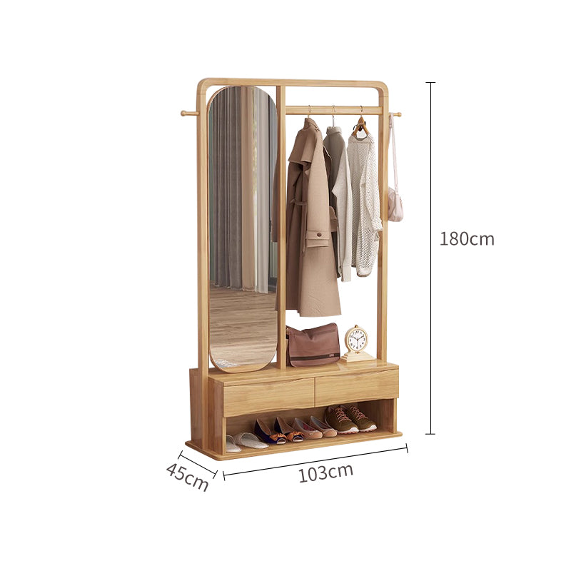 Original Wood Color With Dressing Mirror Solid Wood Combination Clothes Hanger