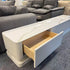 Pre Sale Pure White Stone Panel TV Console with Artisanal Openwork Wood Base