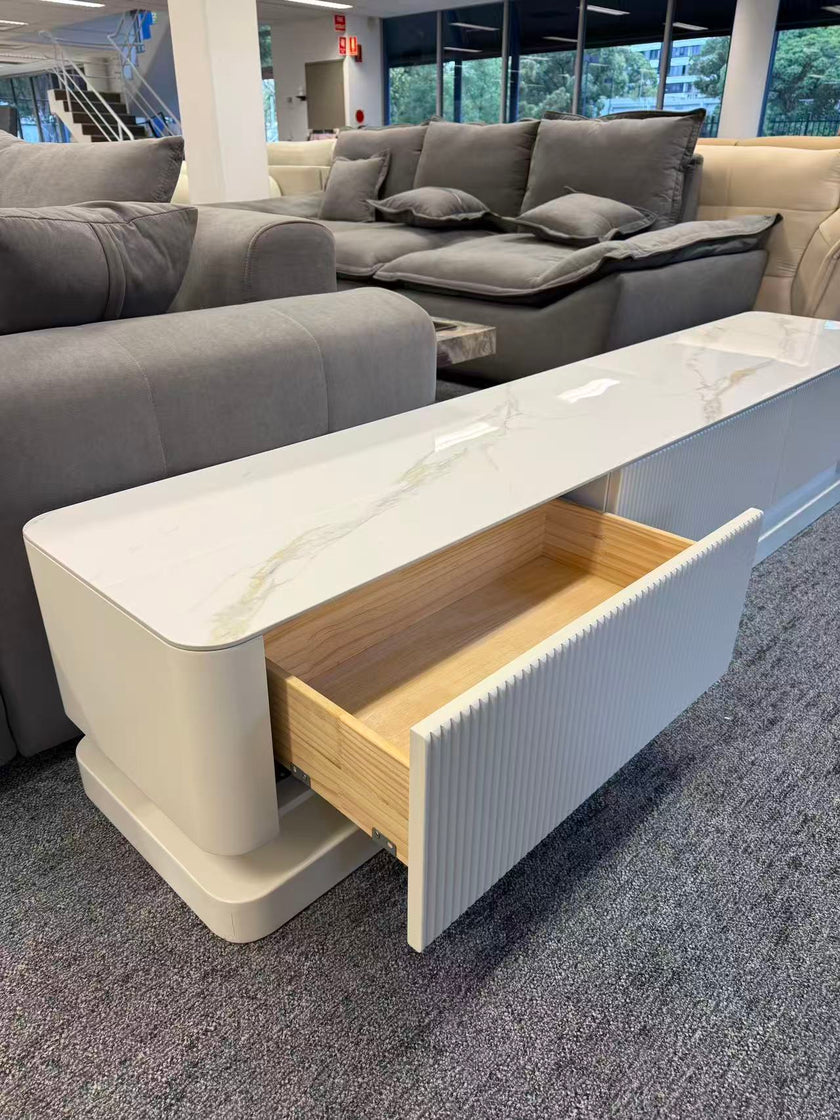 Pre Sale Pure White Stone Panel TV Console with Artisanal Openwork Wood Base