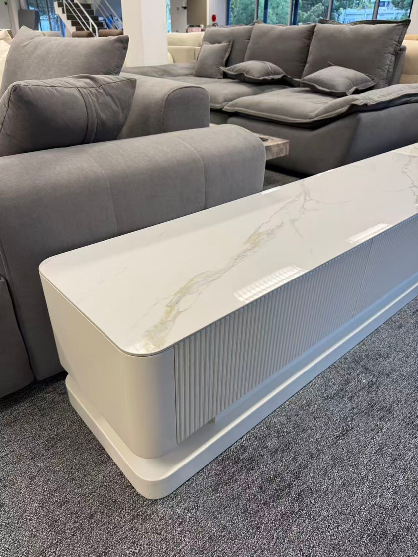 Pre Sale Pure White Stone Panel TV Console with Artisanal Openwork Wood Base