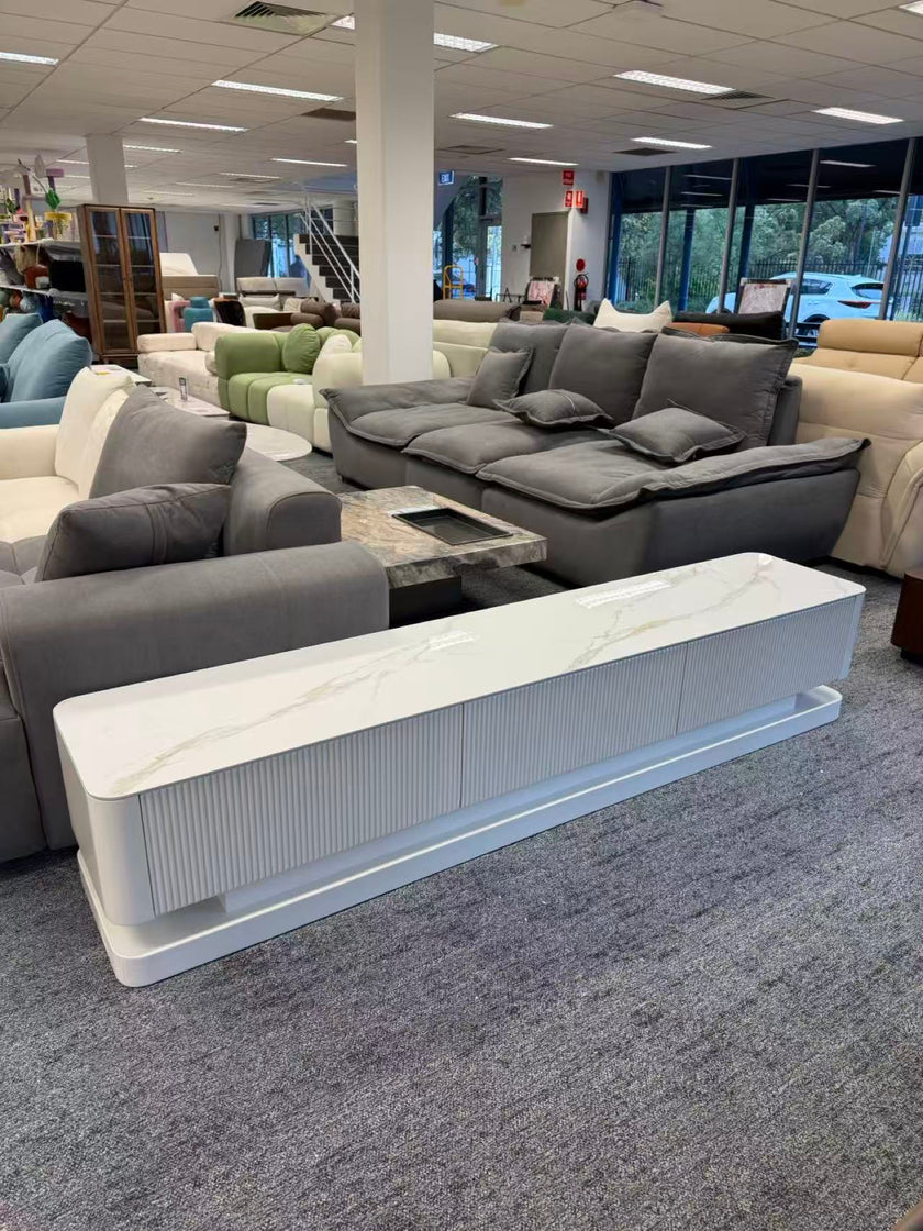 Pre Sale Pure White Stone Panel TV Console with Artisanal Openwork Wood Base