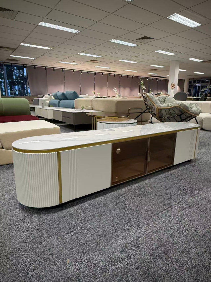Pre Sale Glacier White Rock Panel TV Console with Solid Wood & Glass Doors