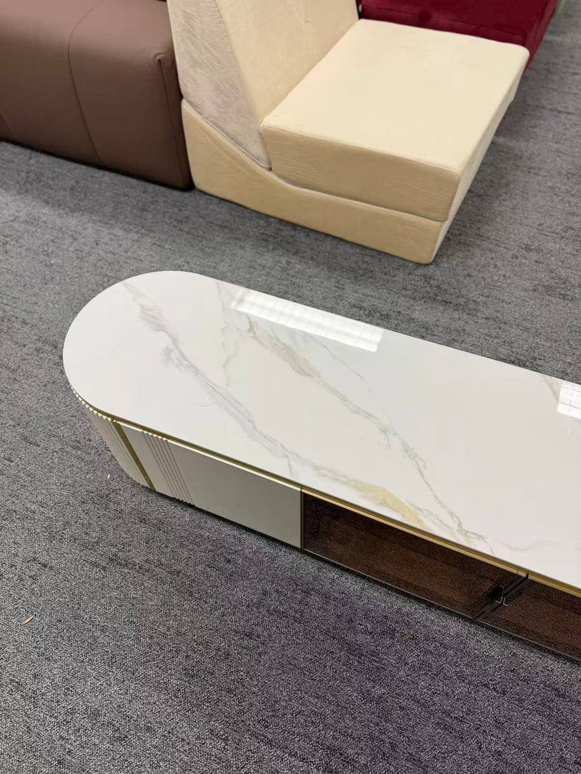Pre Sale Glacier White Rock Panel TV Console with Solid Wood & Glass Doors