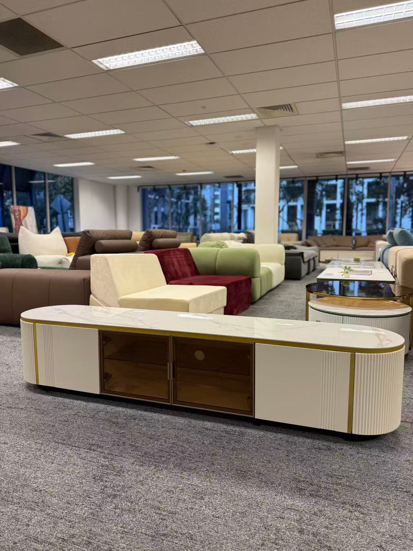 Pre Sale Glacier White Rock Panel TV Console with Solid Wood & Glass Doors