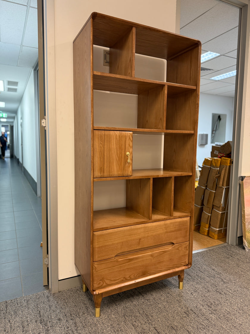 Walnut-Stained Multi-Drawer Ash Wood Bookcase