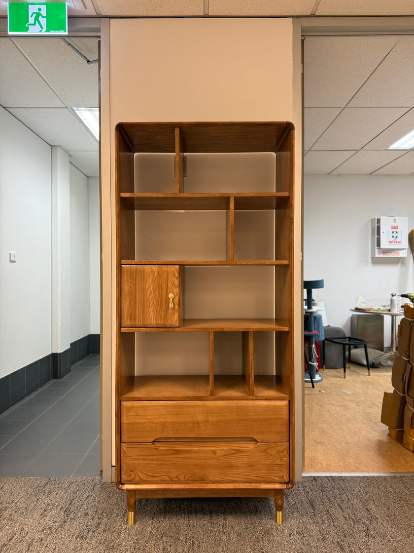 Walnut-Stained Multi-Drawer Ash Wood Bookcase