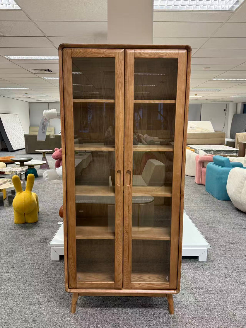 Walnut-Stained Ash Wood Bookcase with Glass Doors