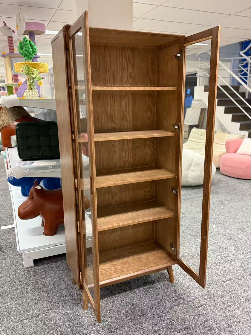 Walnut-Stained Ash Wood Bookcase with Glass Doors