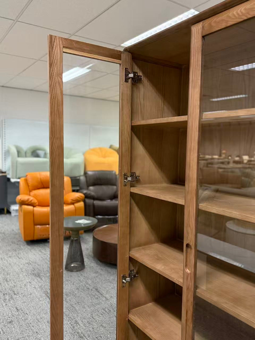 Walnut-Stained Ash Wood Bookcase with Glass Doors