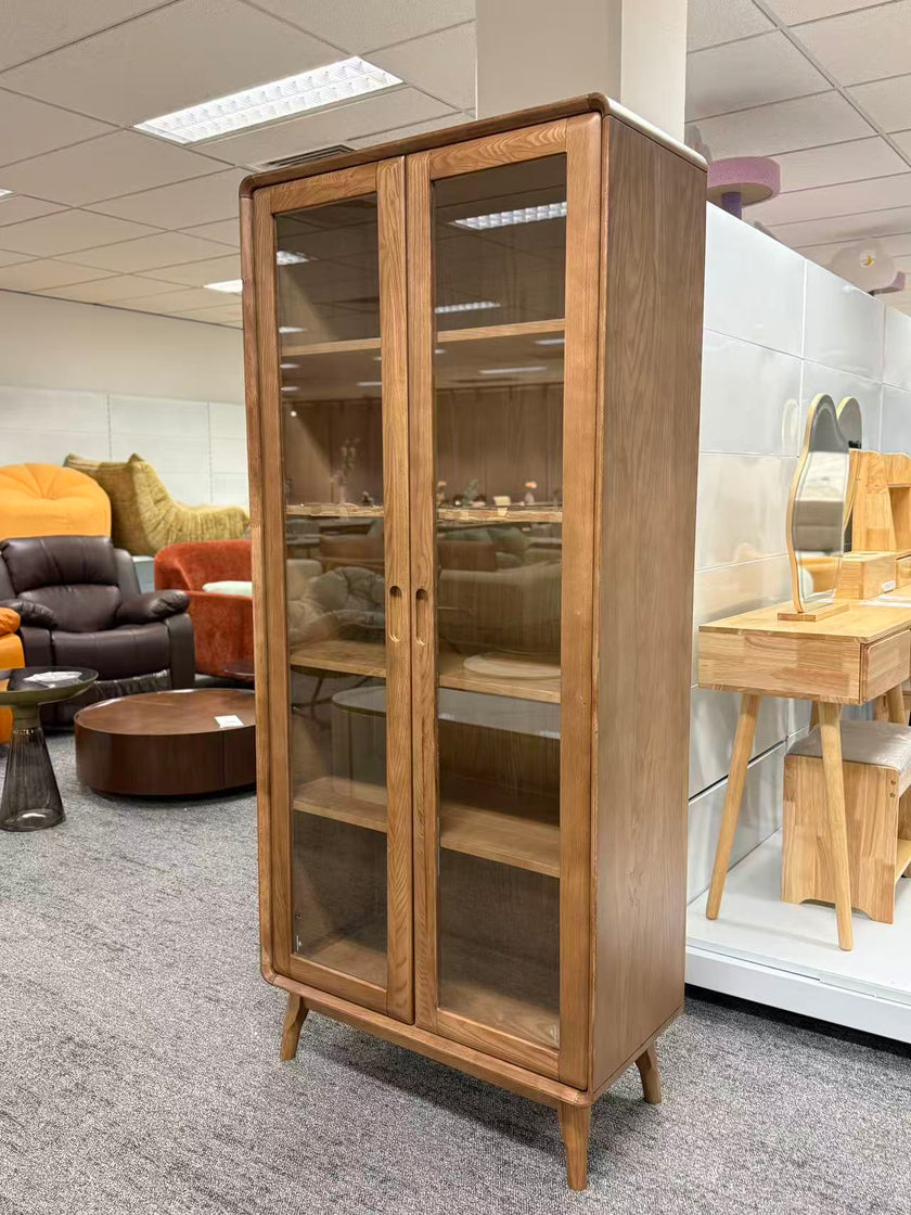 Walnut-Stained Ash Wood Bookcase with Glass Doors