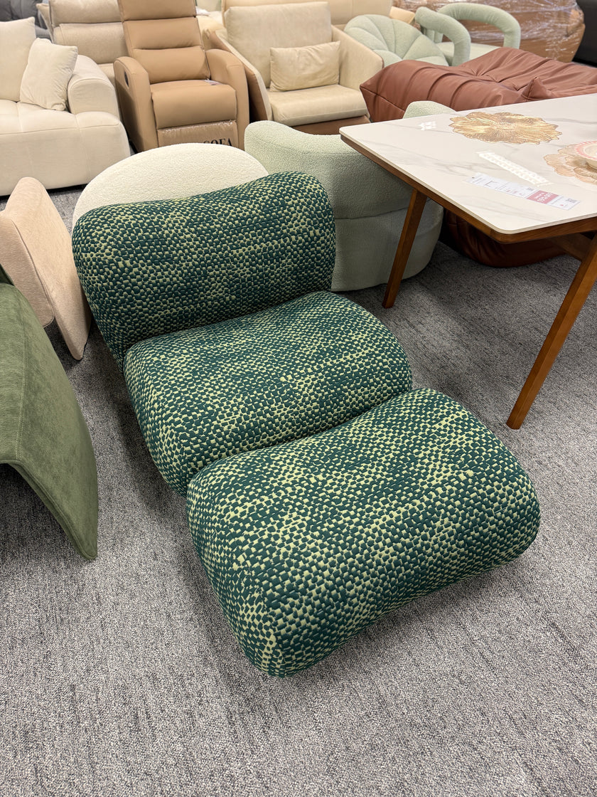 Green Cotton-Linen Molded Foam Bubble Lounge Chair with Ottoman