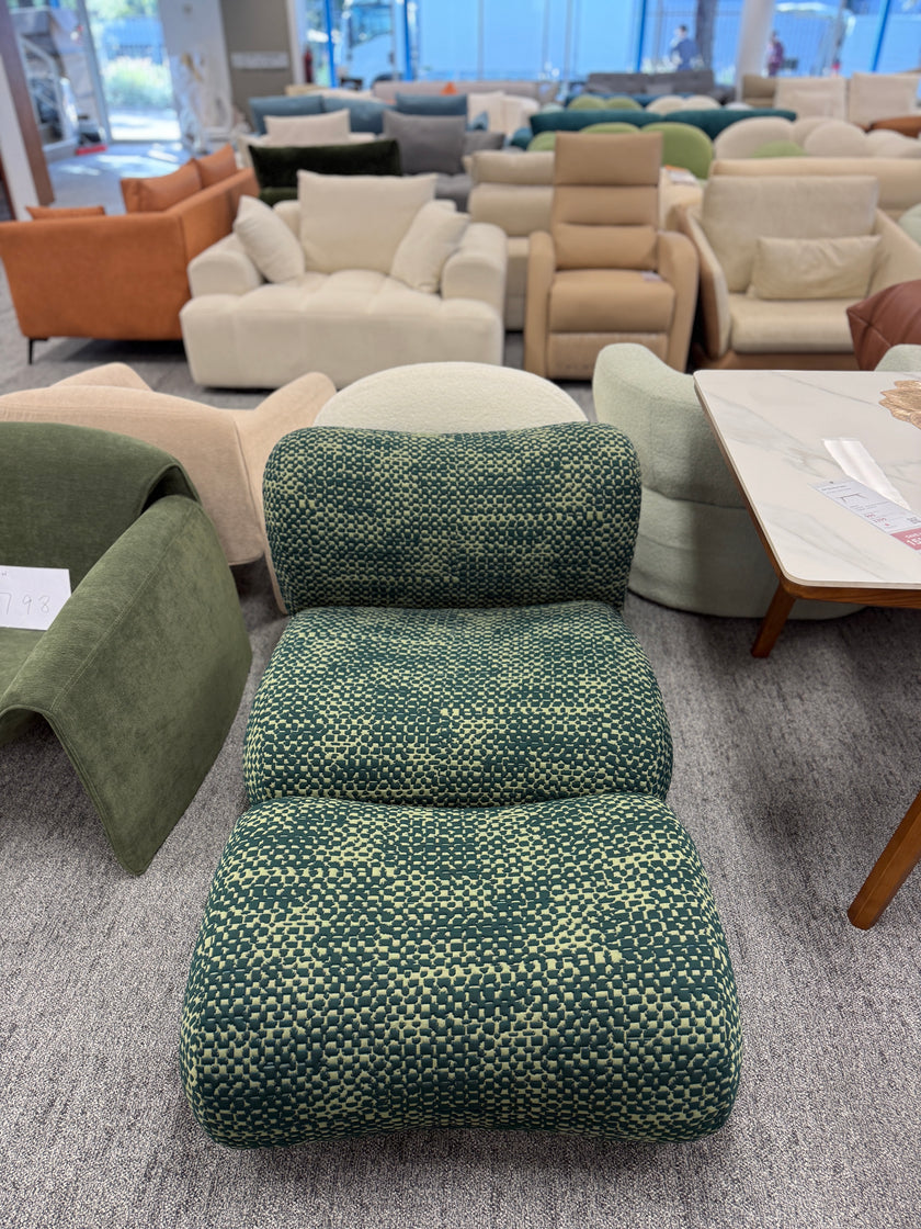 Green Cotton-Linen Molded Foam Bubble Lounge Chair with Ottoman