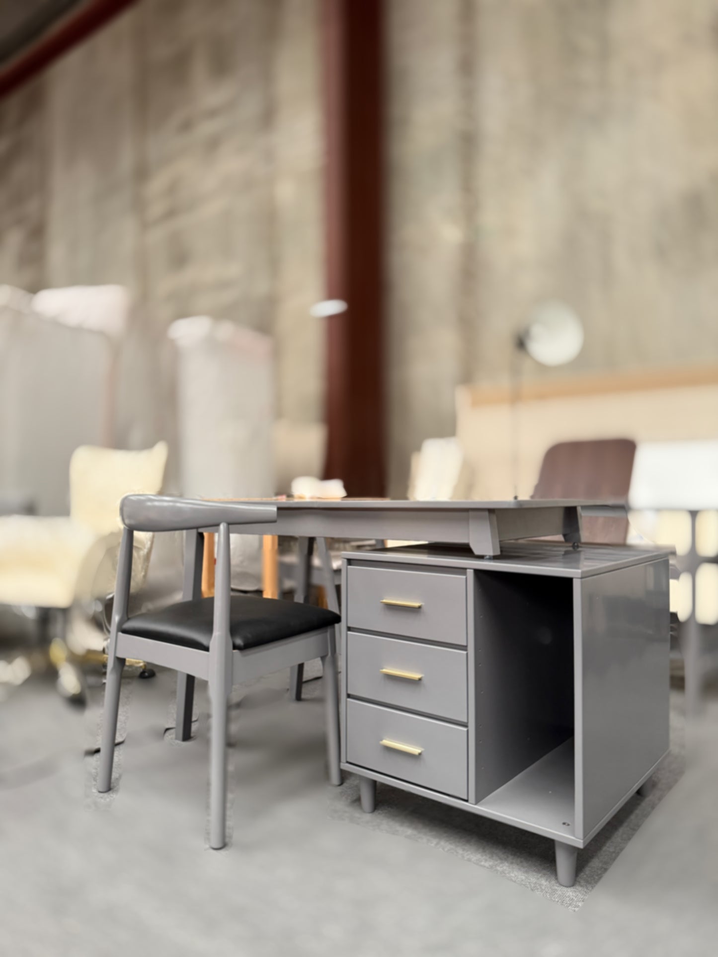 Gray Solid Wood Desk/Bucket Cabinet/Chair