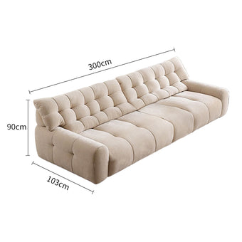 Beige sofa with dimensions labeled on a white background