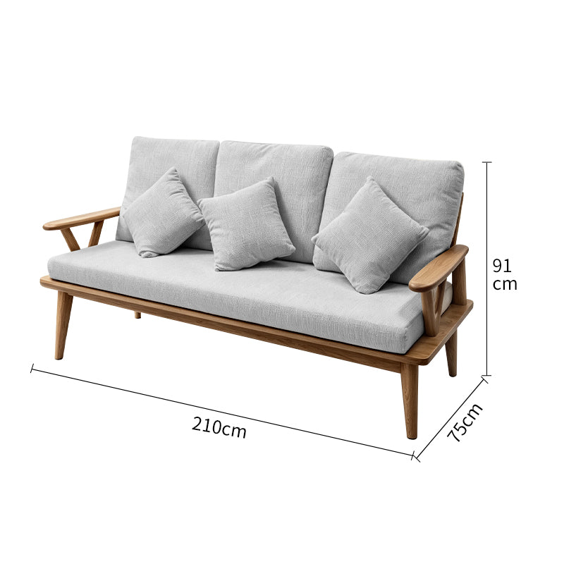 Nordic style beige linen fabric upholstered ash wood three-seater sofa