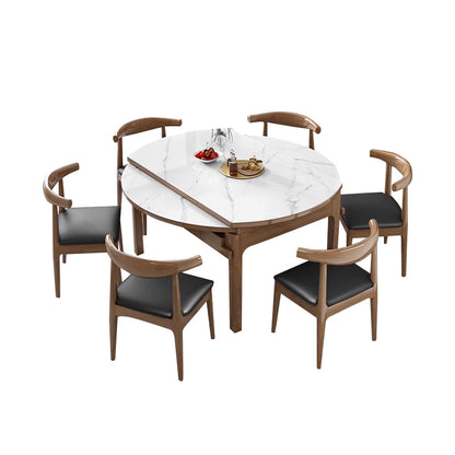Round Slate/Solid Wood/Dining Table/6 Chairs