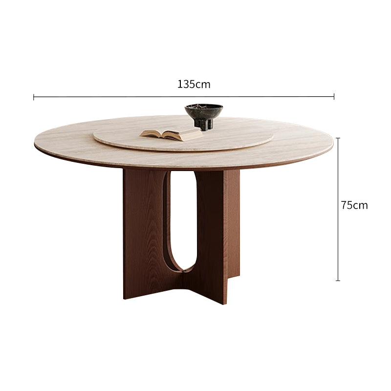 Round Travertine Walnut-colored Dining Table with 135cm Lazy Susan