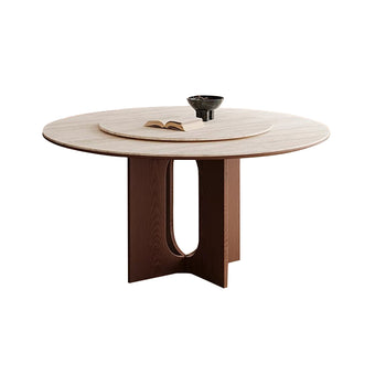 Round Travertine Walnut-colored Dining Table with 135cm Lazy Susan