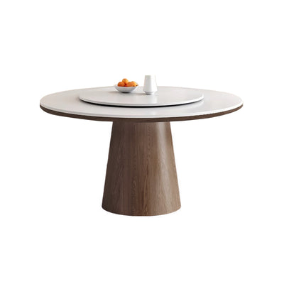 Pre Sale White Rock Top Round Dining Table with Walnut Legs and Lazy Susan