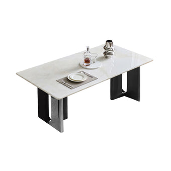 White marble coffee table with black metal legs on a white background
