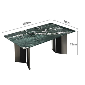 Pre Sale Mica green luxury stone dining table with V-shaped black and silver two-tone legs