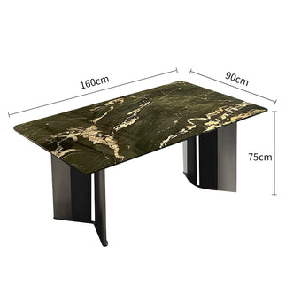 Mica green Premium Natural Marble dining table with V-shaped black and silver two-tone legs