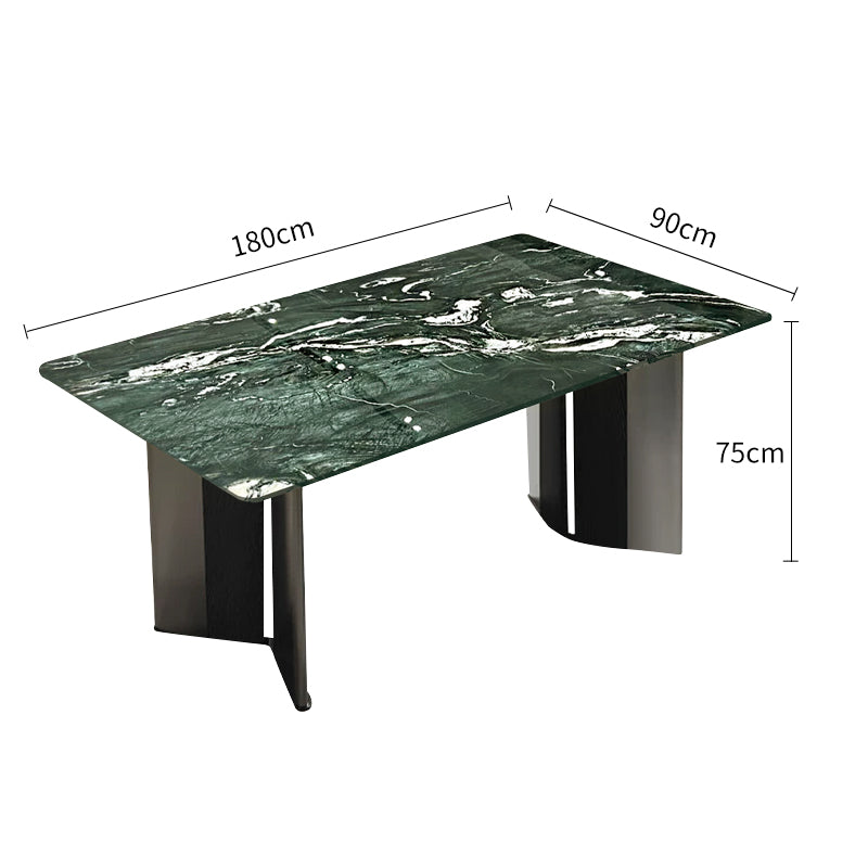 Mica green luxury stone dining table with V-shaped black and silver two-tone legs