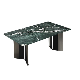 Pre Sale Mica green luxury stone dining table with V-shaped black and silver two-tone legs