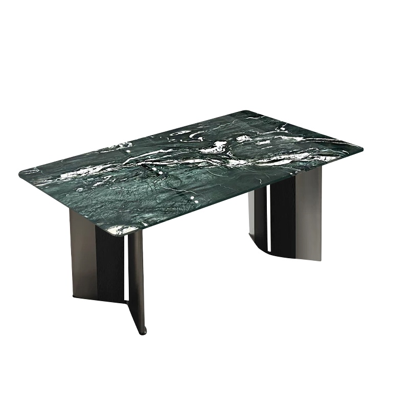 Pre Sale Mica green luxury stone dining table with V-shaped black and silver two-tone legs