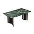 Mica green luxury stone dining table with V-shaped black and silver two-tone legs