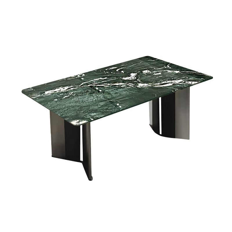 Mica green luxury stone dining table with V-shaped black and silver two-tone legs
