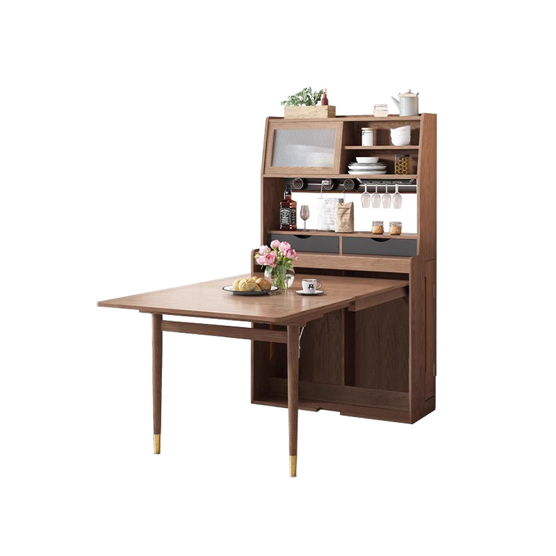 Solid Wood Tall Sideboard & Multifunctional Folding Dining Table with Storage and Portable Power Socket