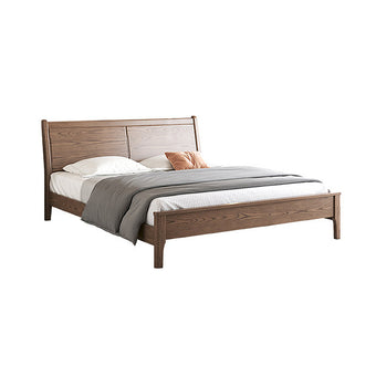 Wooden bed with white bedding and a pillow on a white background