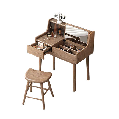 Pre Sale Walnut-Stained Ash Wood Vanity with Flip-Top Mirror and Stool