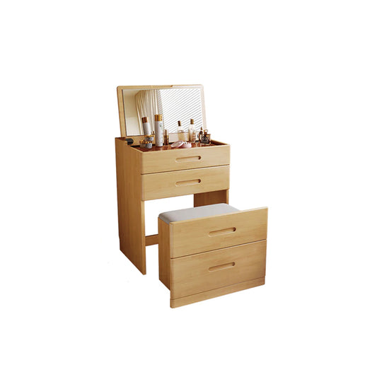 Natural Wood Color Flip-Top Dressing Table with Lighted Mirror Simple Solid Wood Dressing Table