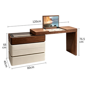 Walnut-colored top with white cabinet, hidden mirror vanity table with chair