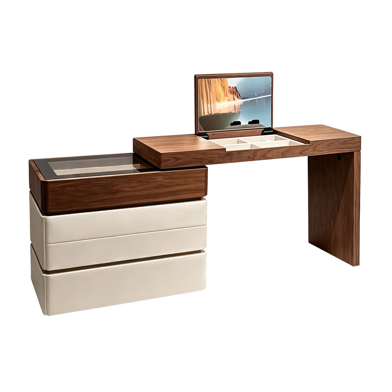 Walnut-colored top with white cabinet, hidden mirror vanity table with chair