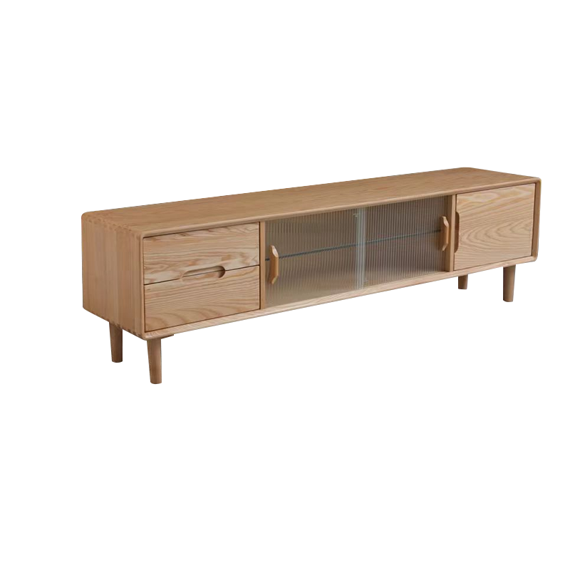 Pre Sale Double-layer glass door TV cabinet in walnut-colored ash wood