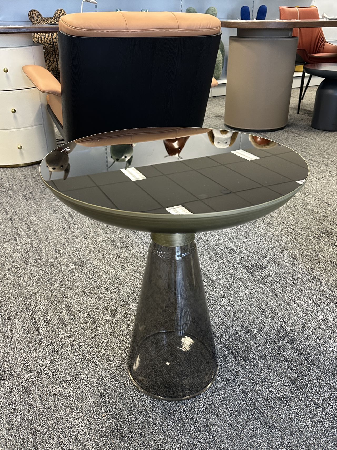 Grey Glass Side Table with Powder-Coated Metal Top