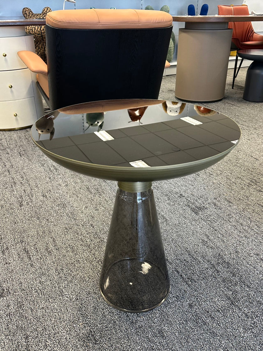 Grey Glass Side Table with Powder-Coated Metal Top