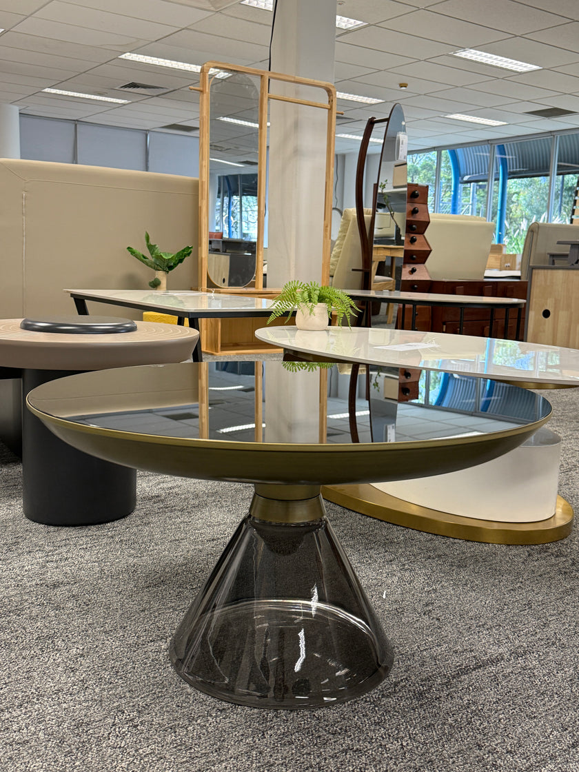 Grey Glass Side Table with Powder-Coated Metal Top