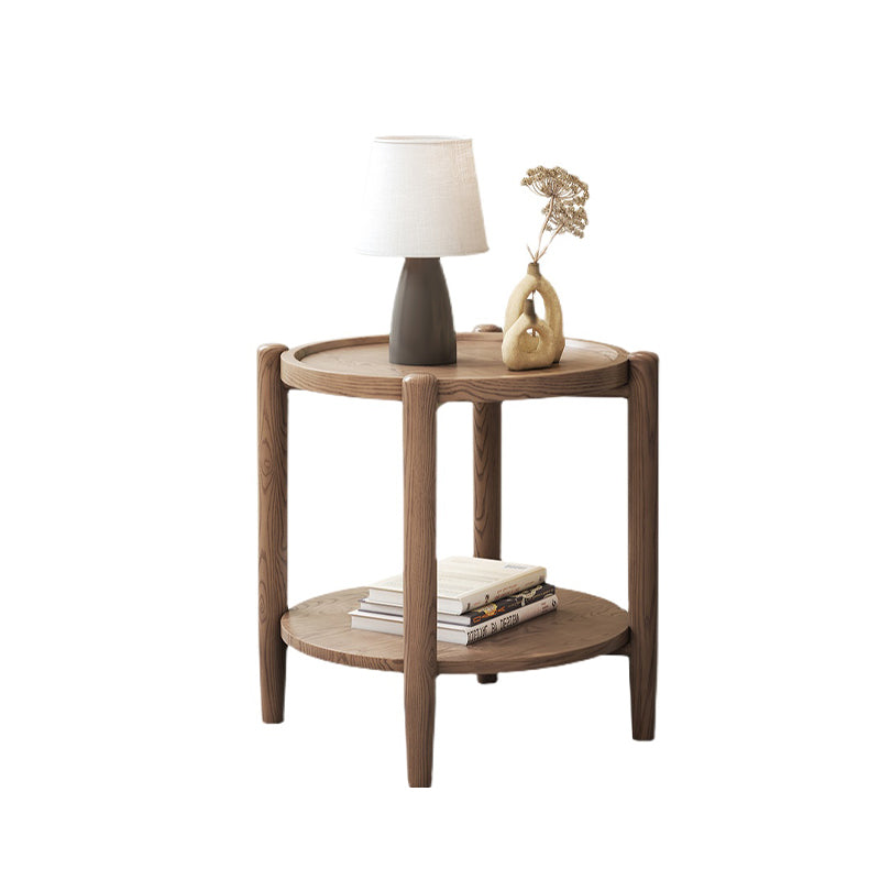 Walnut-Toned Ash Wood Two-Tier Round Side Table