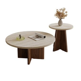 Travertine-Top Nesting Coffee Tables with Walnut-Toned Legs