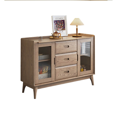 Walnut-Stained Ash Wood Sideboard with Dual Glass Doors