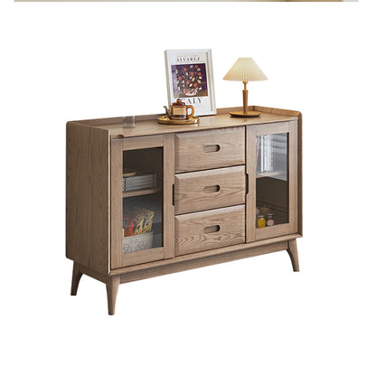 Walnut-Stained Ash Wood Sideboard with Dual Glass Doors