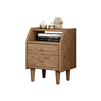 Walnut-Toned Ash Wood Nightstand with Two Drawers