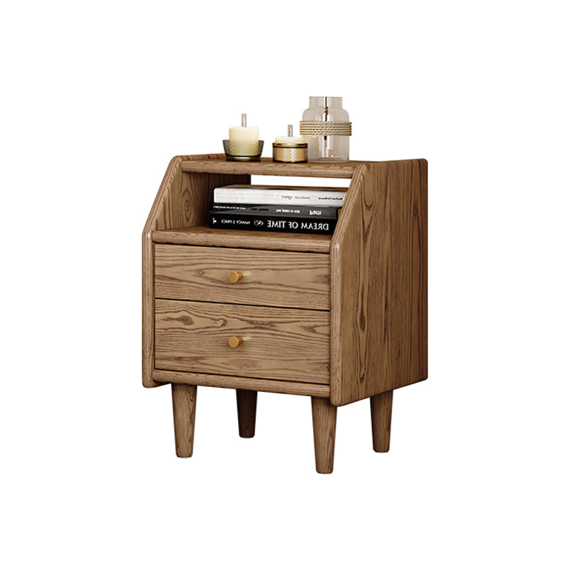 Walnut-Toned Ash Wood Nightstand with Two Drawers
